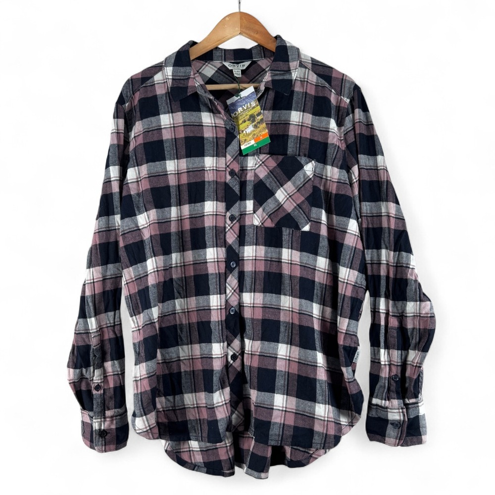 New Orvis Womens Carrie Plaid Pimk Plaid Flannel Long Sleeve Shirt Sz XL